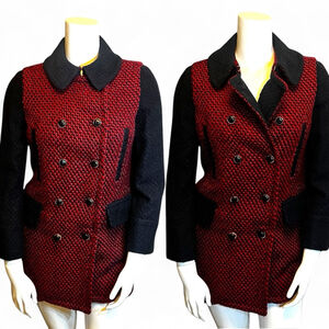 Tory Burch Color-Block Tweed Wool-Blend Peacoat, 10, Red/Navy